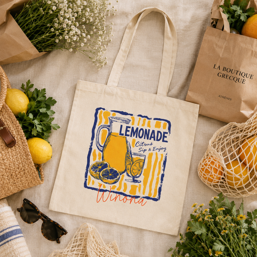Close-up of lemonade pitcher print and custom name on canvas tote bag