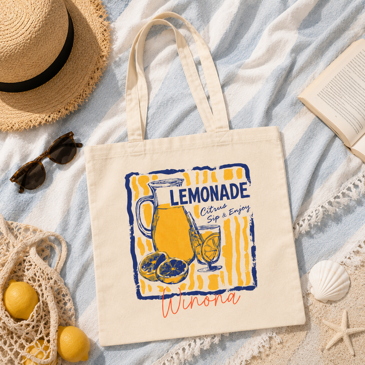 Personalized lemonade tote bag shown worn on shoulder, lifestyle photo
