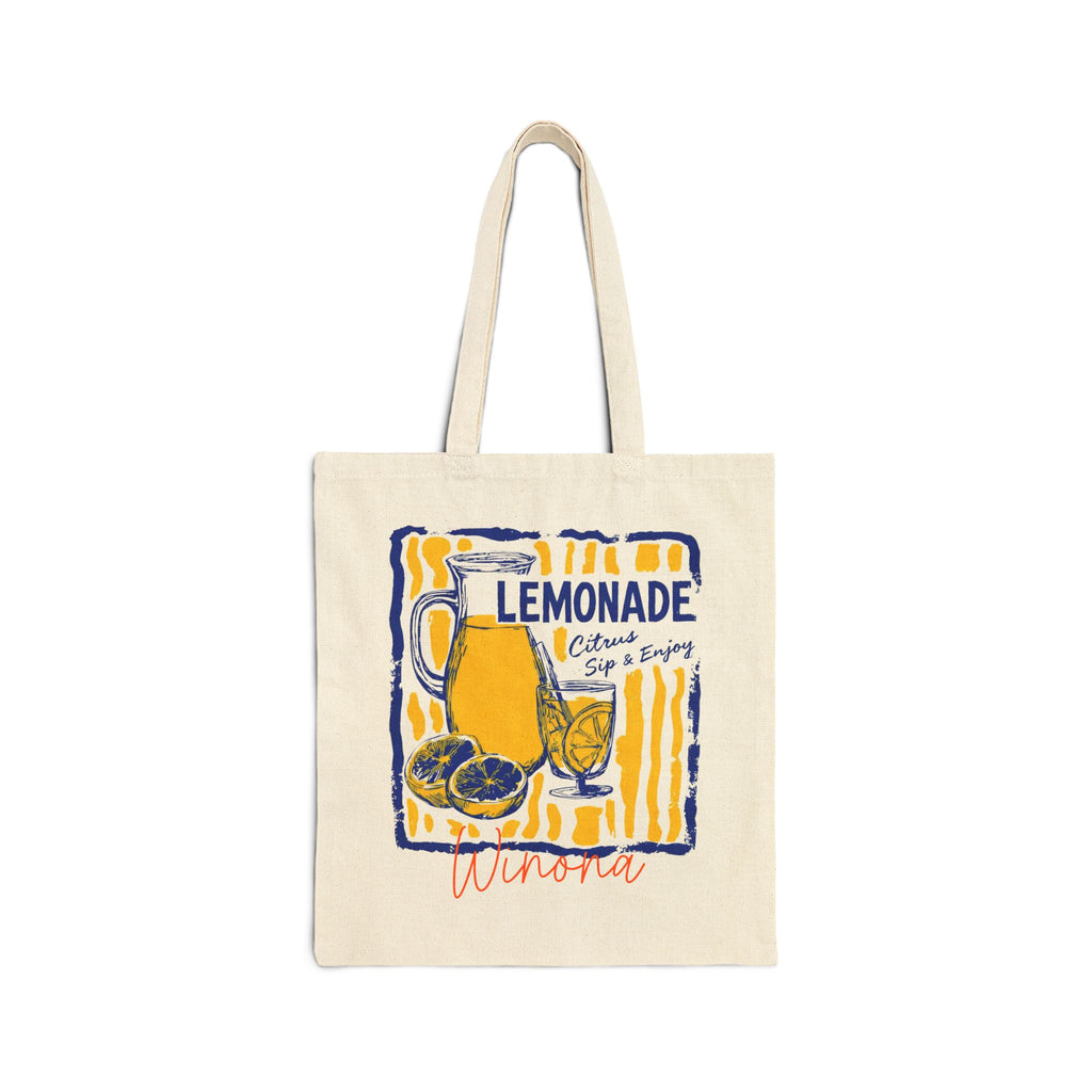 Personalized lemonade canvas tote bag with custom name, retro pitcher and glass design