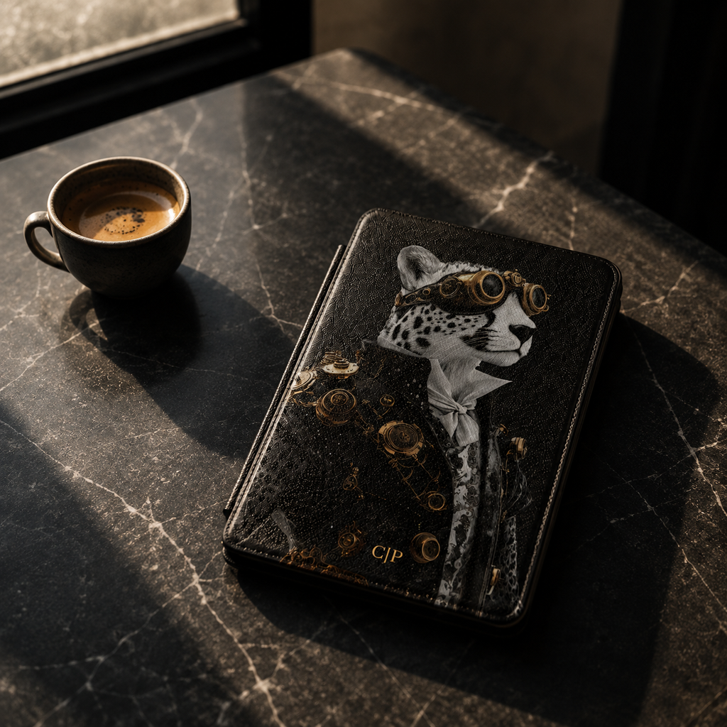 Personalized Leopard Kindle case shown on a black marble coffee table