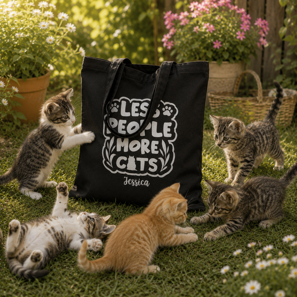 Close-up of stationery print and custom name on canvas tote bag