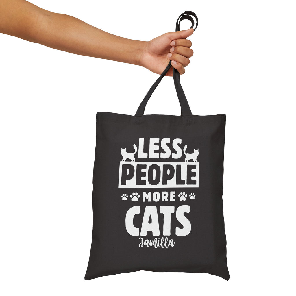 Personalized less people more cats canvas tote bag styled in a home setting