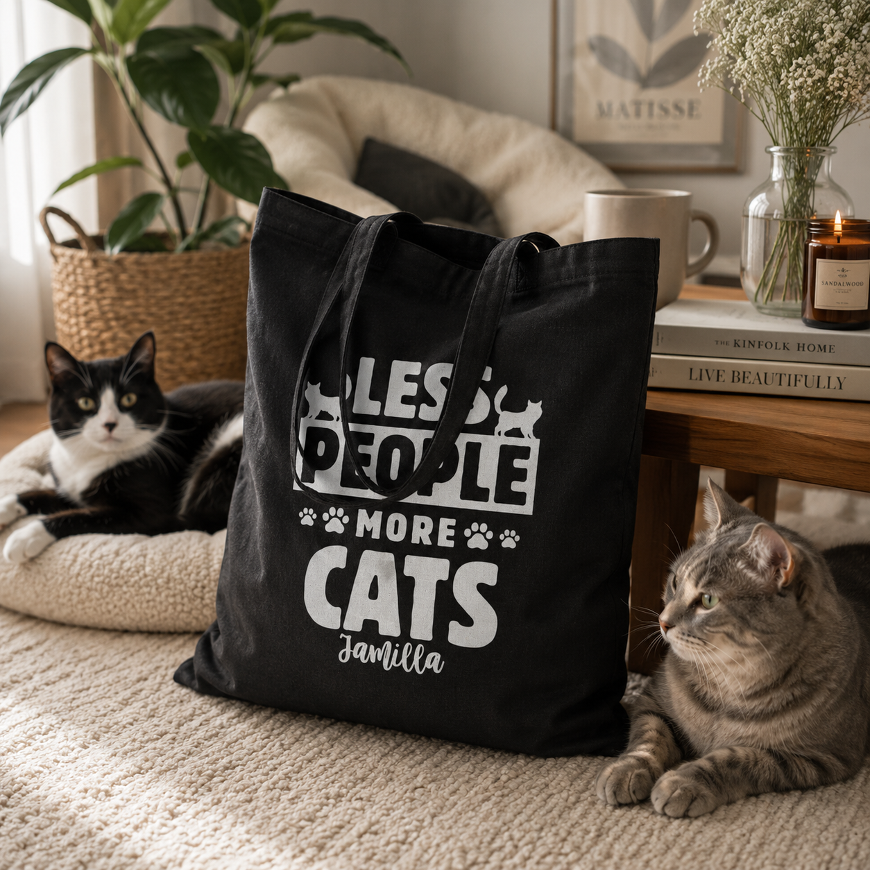 Personalized less people more cats tote bag shown worn on shoulder, lifestyle photo
