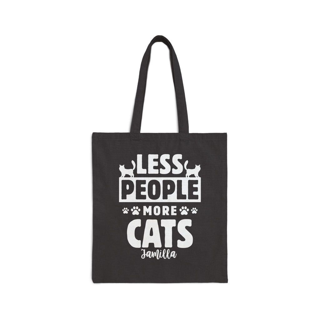 Personalized cat lover canvas tote bag with custom name, less people more cats silhouette design