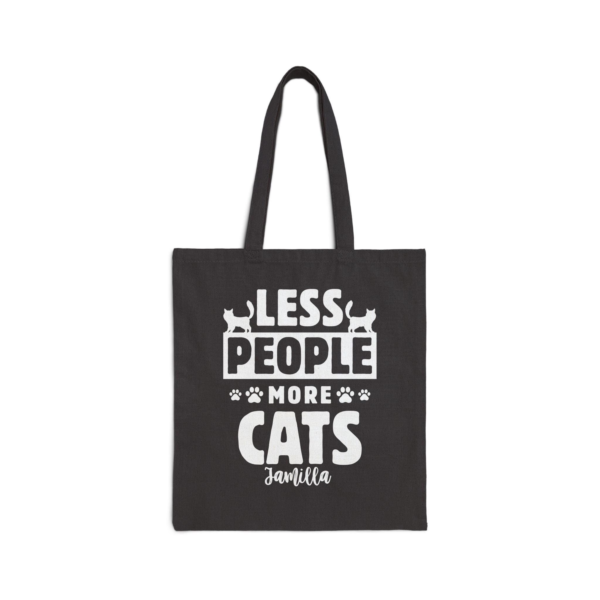 Personalized cat lover canvas tote bag with custom name, less people more cats silhouette design