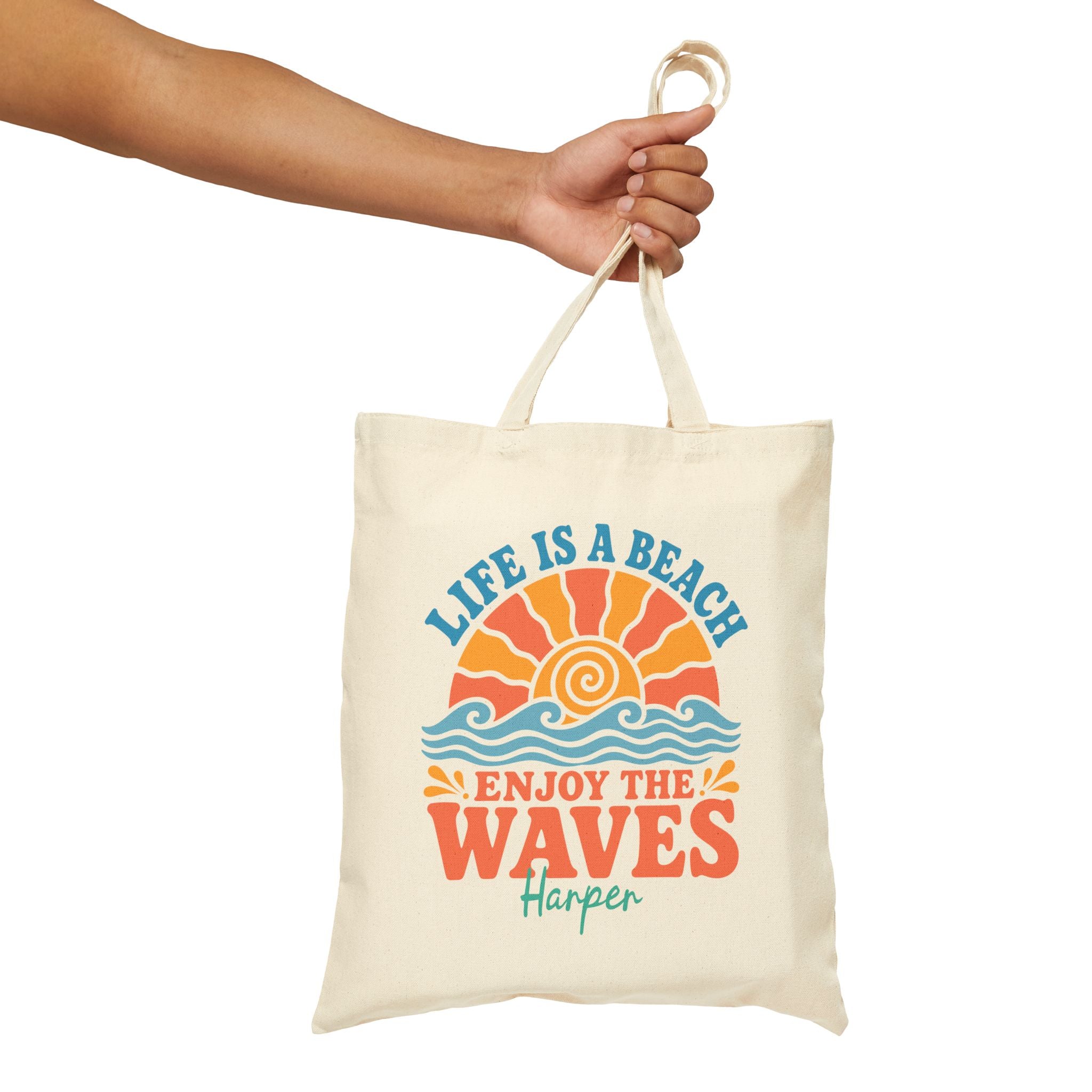 Personalized life is a beach canvas tote bag styled in a home setting