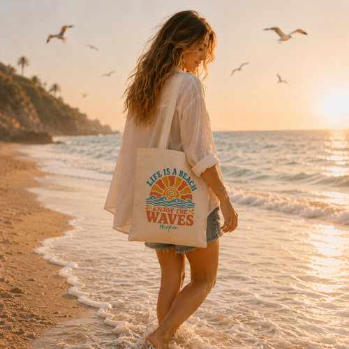 Personalized life is a beach tote bag shown worn on shoulder, lifestyle photo