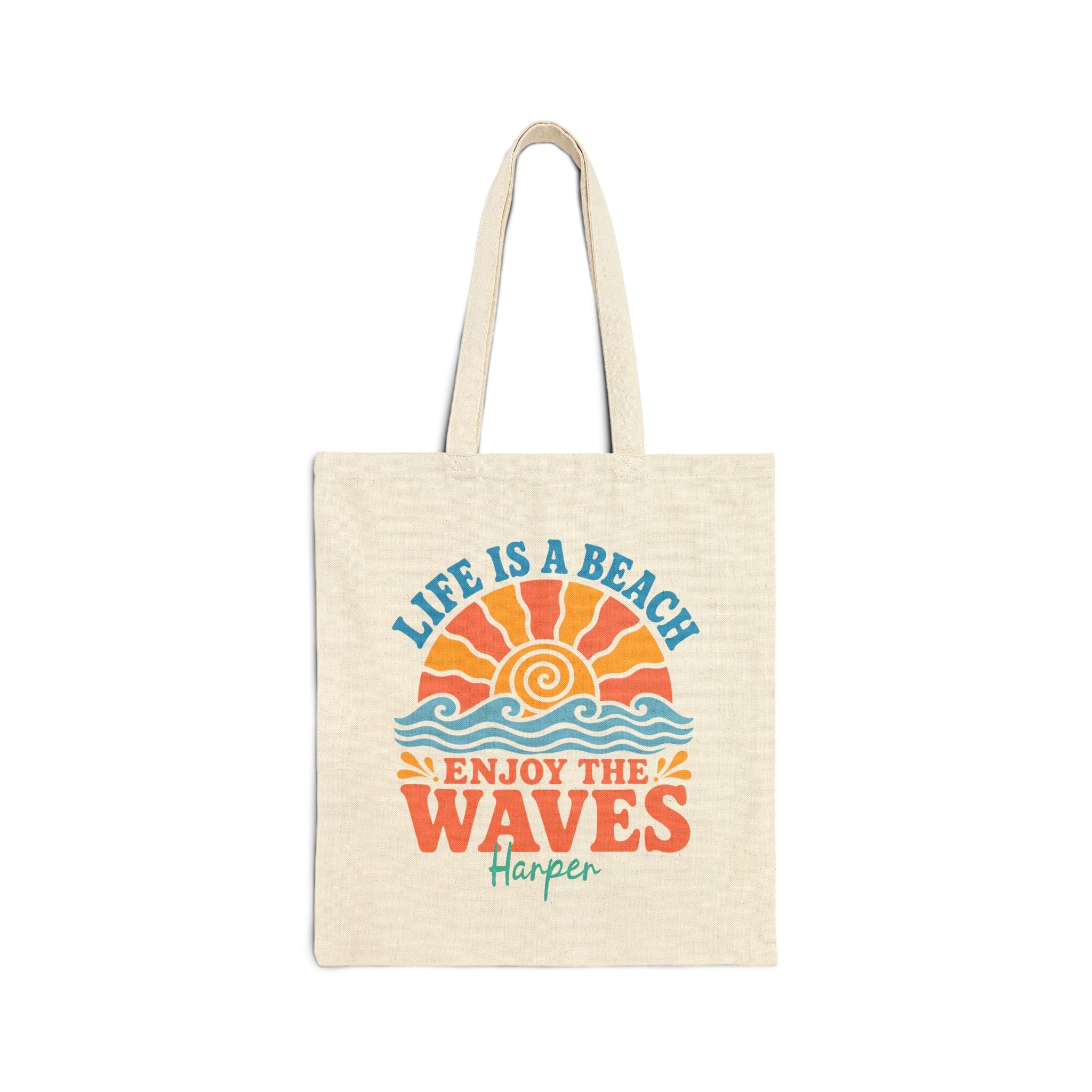 Personalized beach canvas tote bag with custom name, life is a beach enjoy the waves design