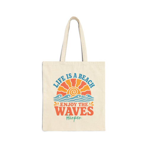 Personalized beach canvas tote bag with custom name, life is a beach enjoy the waves design