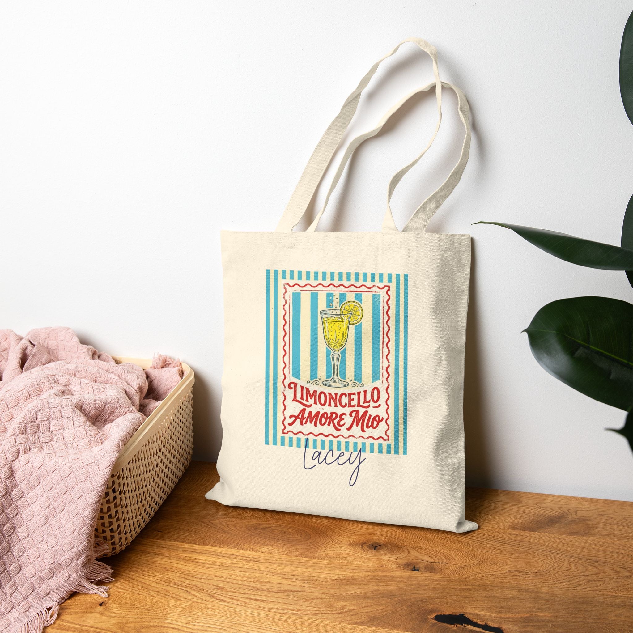 Personalized limoncello canvas tote bag styled in a home setting