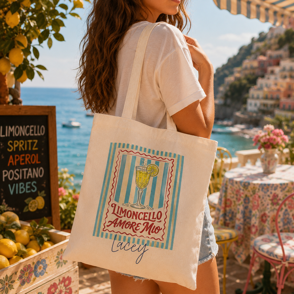 Personalized limoncello tote bag shown worn on shoulder, lifestyle photo
