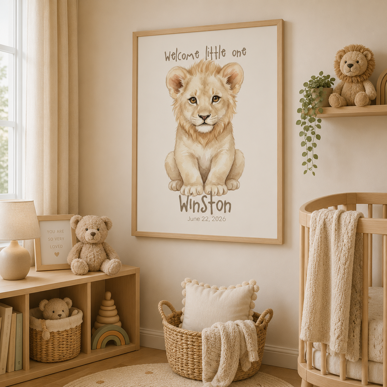 Close-up of lion cub poster detail showing personalized name text