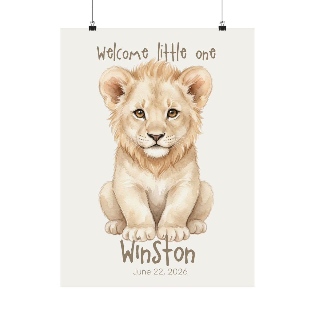 Personalized lion cub nursery poster with custom baby name and birth date
