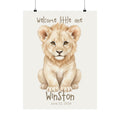 Personalized lion cub nursery poster with custom baby name and birth date