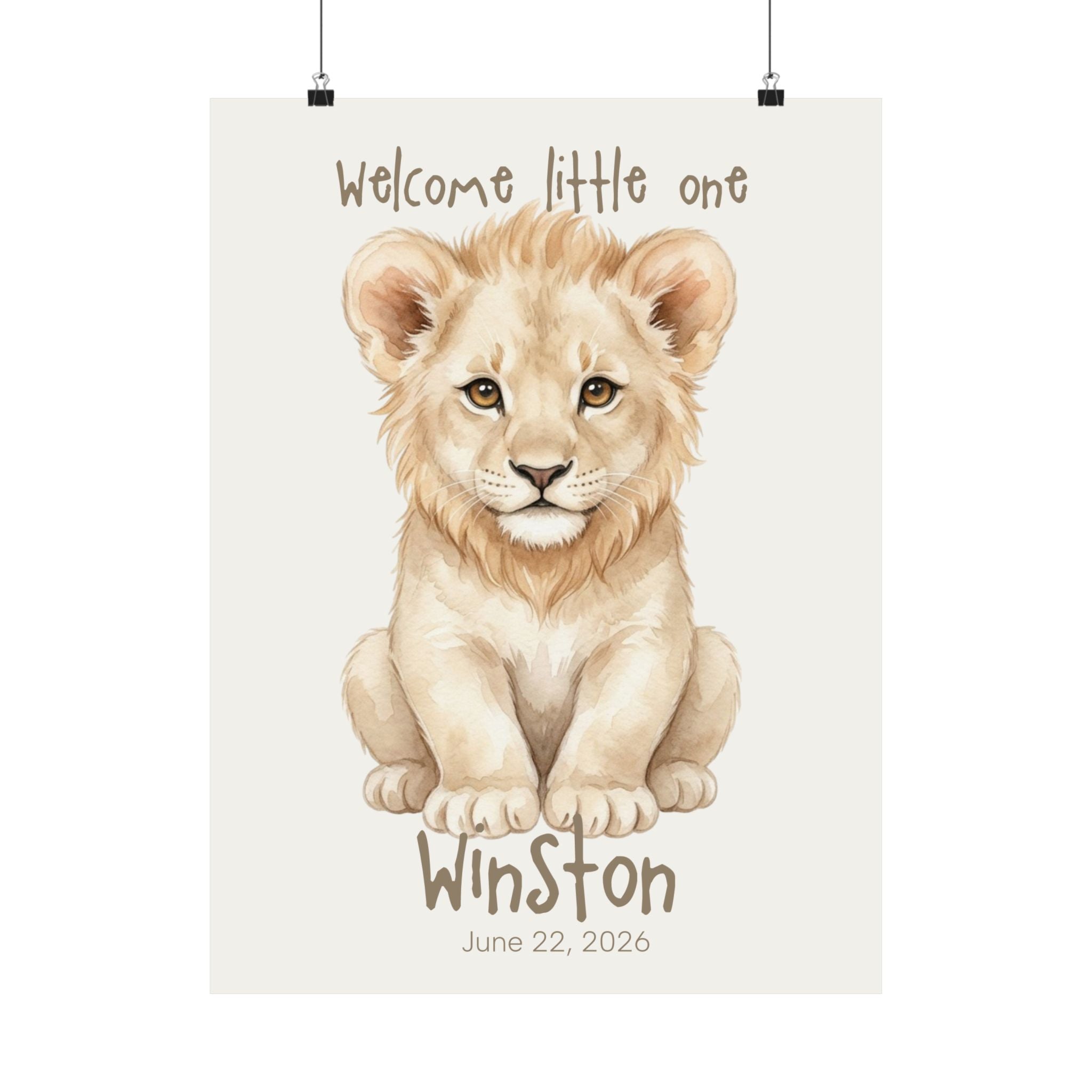 Personalized lion cub nursery poster with custom baby name and birth date