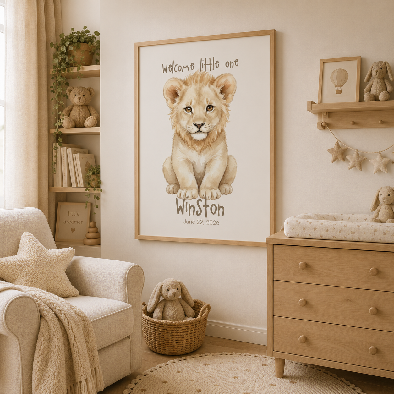 Watercolor lion cub baby name poster in nursery room setting