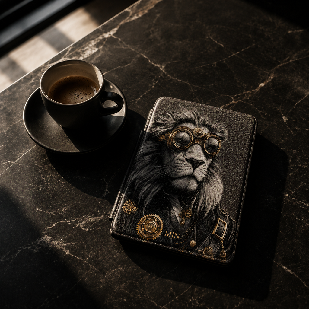 Personalized Lion Kindle case black Saffiano leatherette back cover shown on coffee table