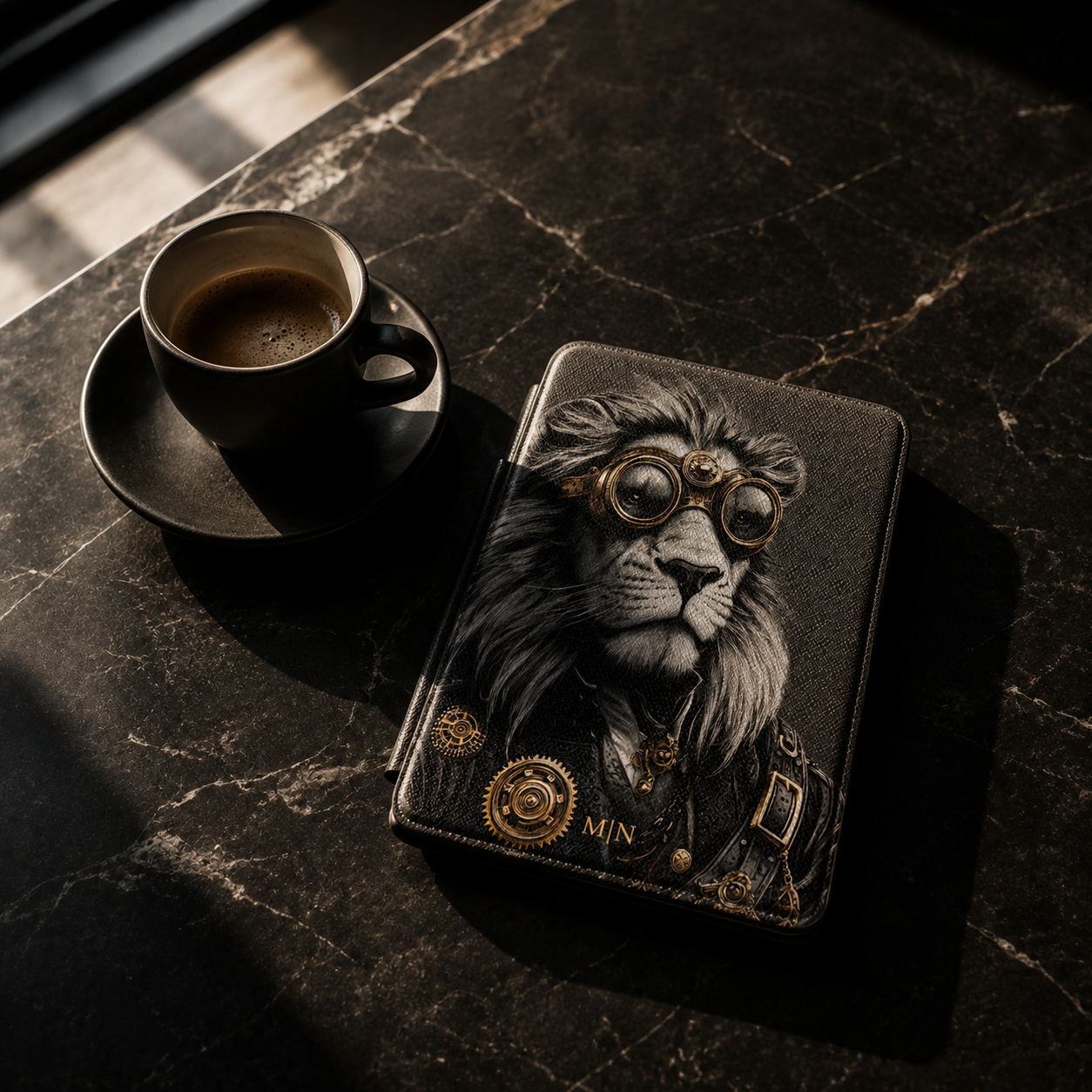 Personalized Lion Kindle case black Saffiano leatherette back cover shown on coffee table