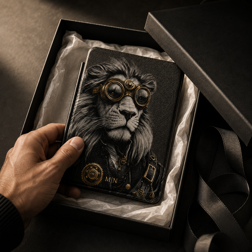 Personalized Lion Kindle case shown as a personalized gift