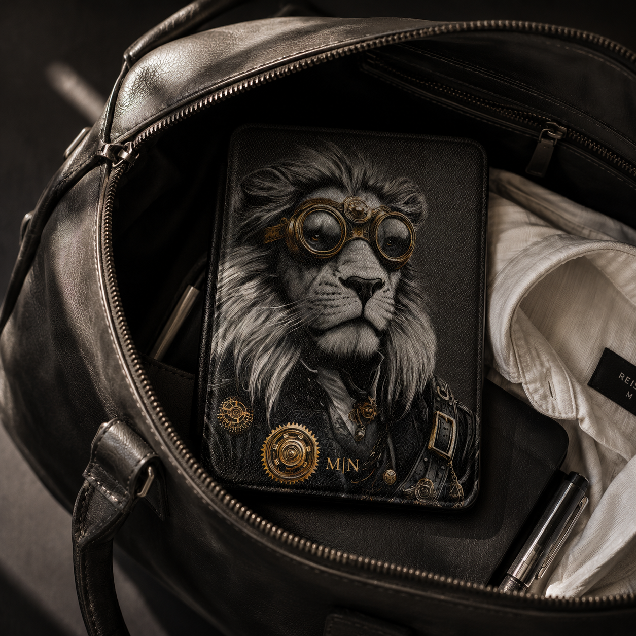 Personalized Lion Kindle case shown in travel bag