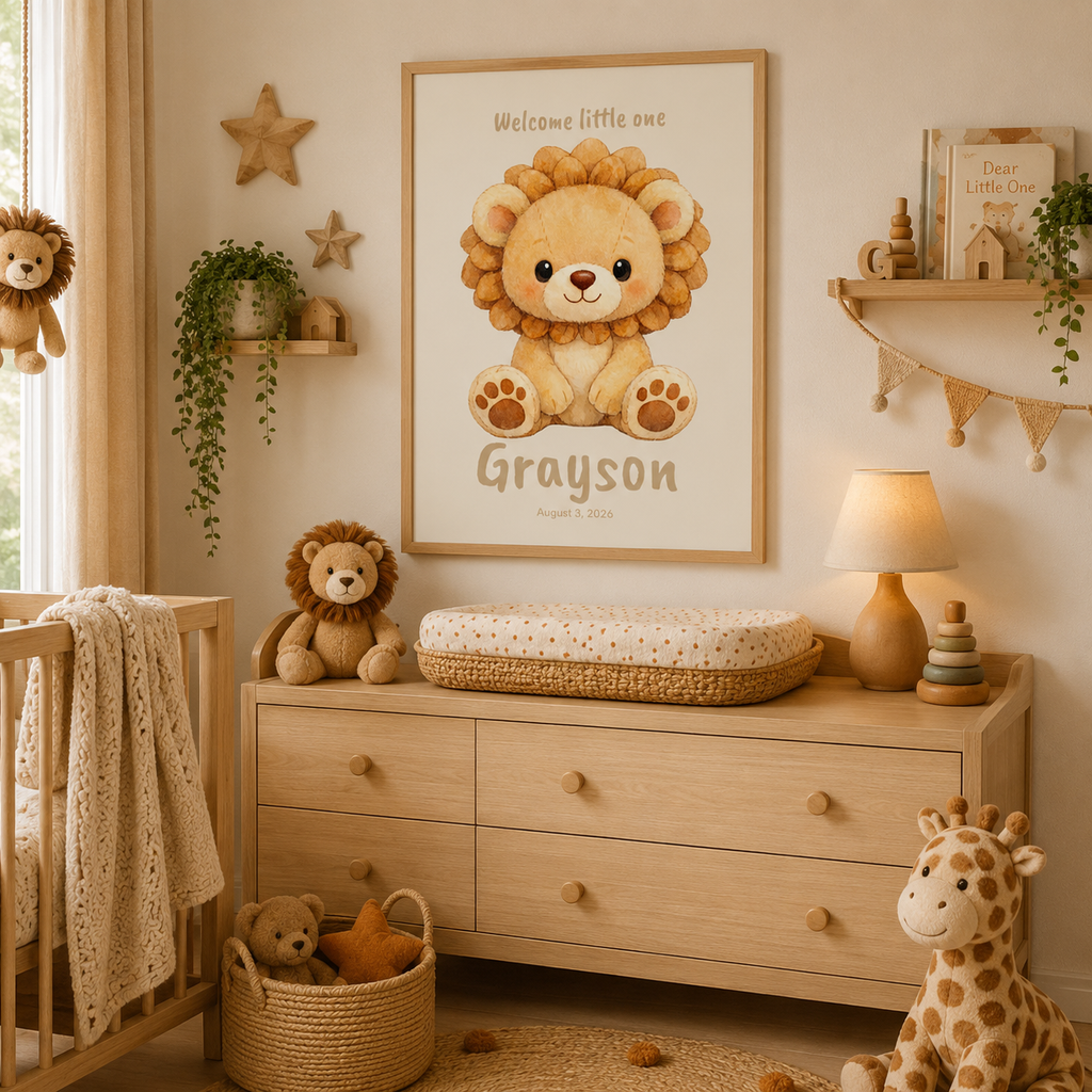 Close-up of plush lion nursery poster showing personalized name and birth date