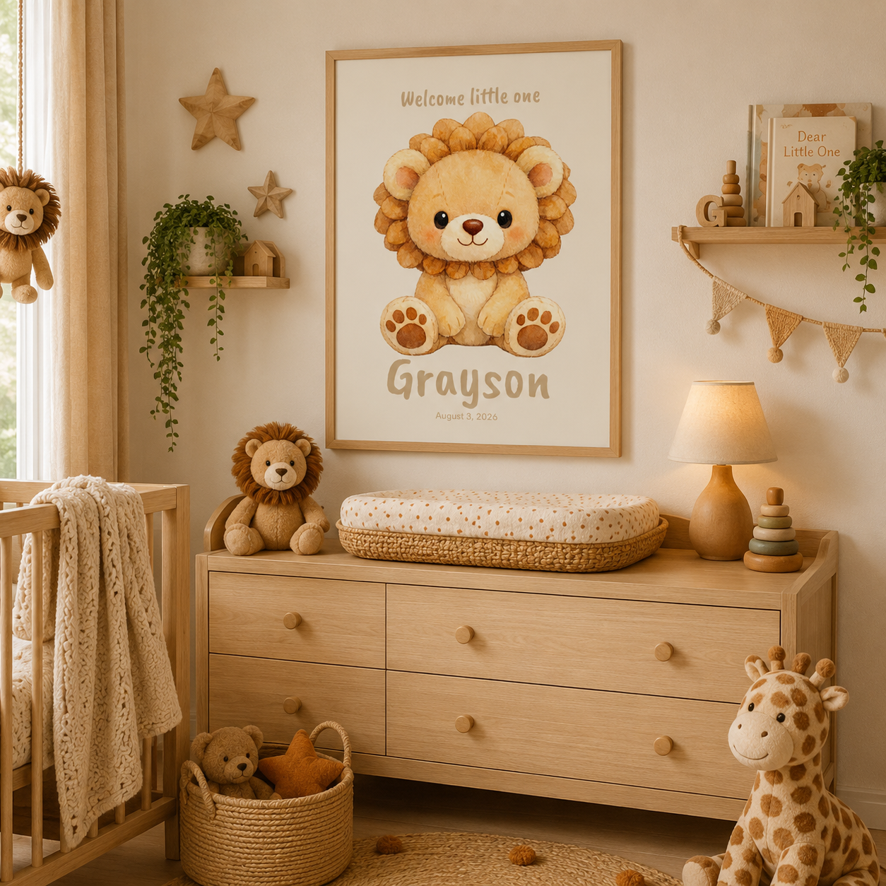 Close-up of plush lion nursery poster showing personalized name and birth date