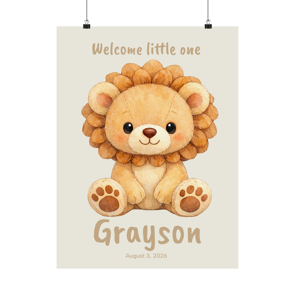 Personalized plush lion cub nursery poster with custom baby name and birth date