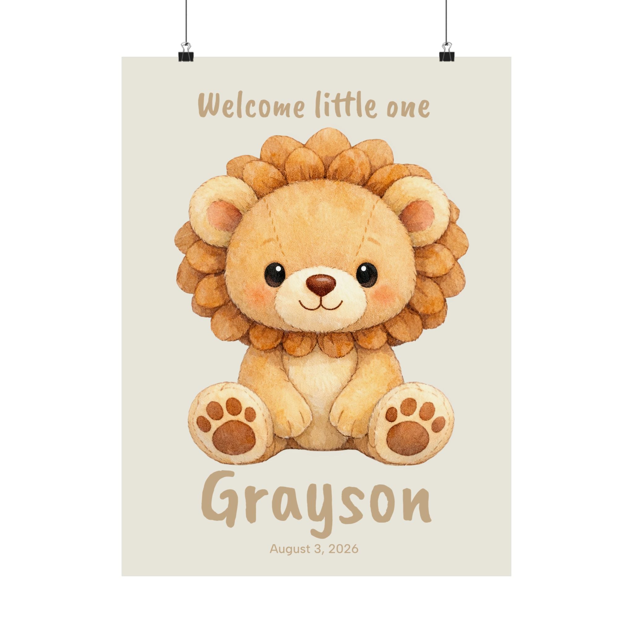 Personalized plush lion cub nursery poster with custom baby name and birth date