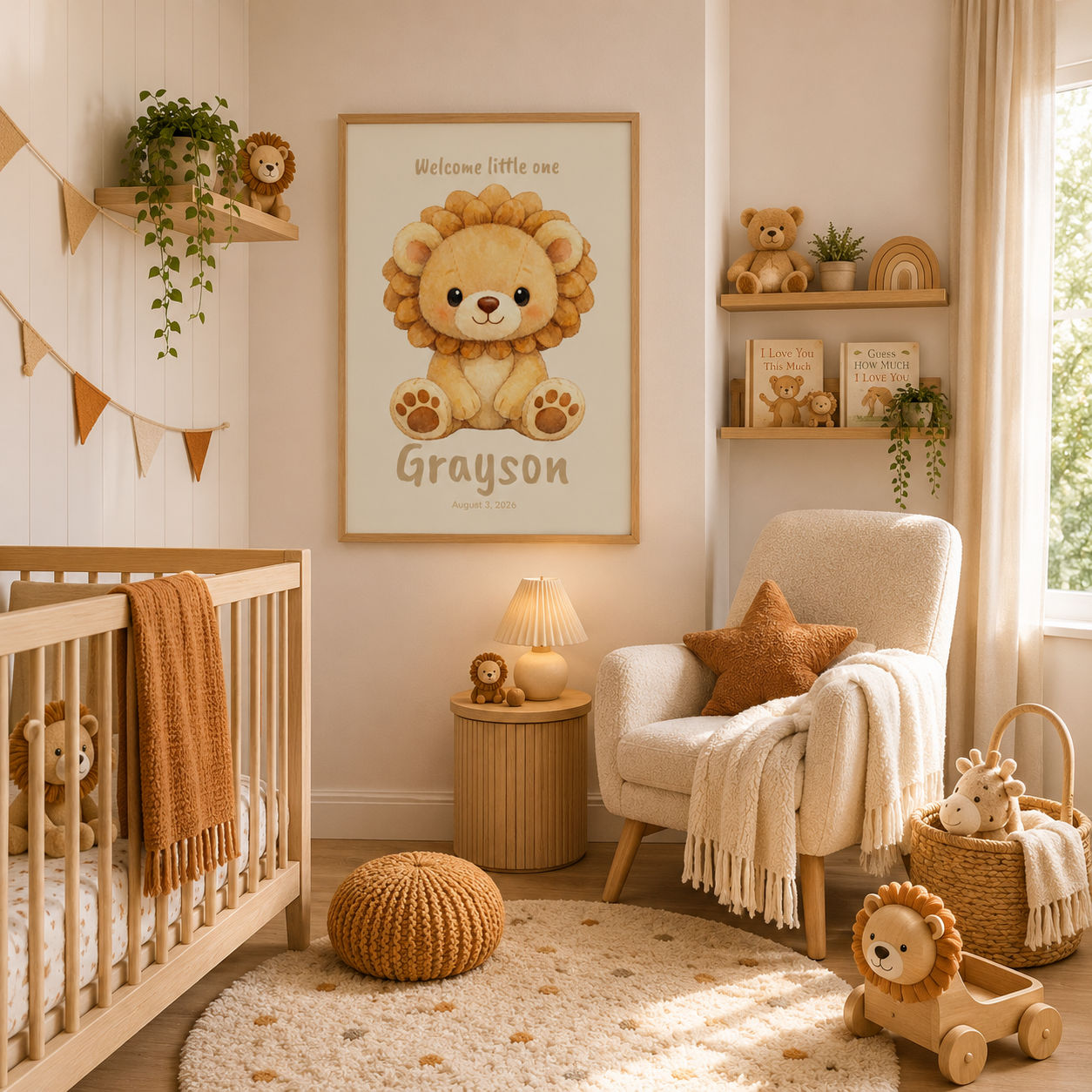 Fluffy lion cub baby name poster displayed in nursery room setting