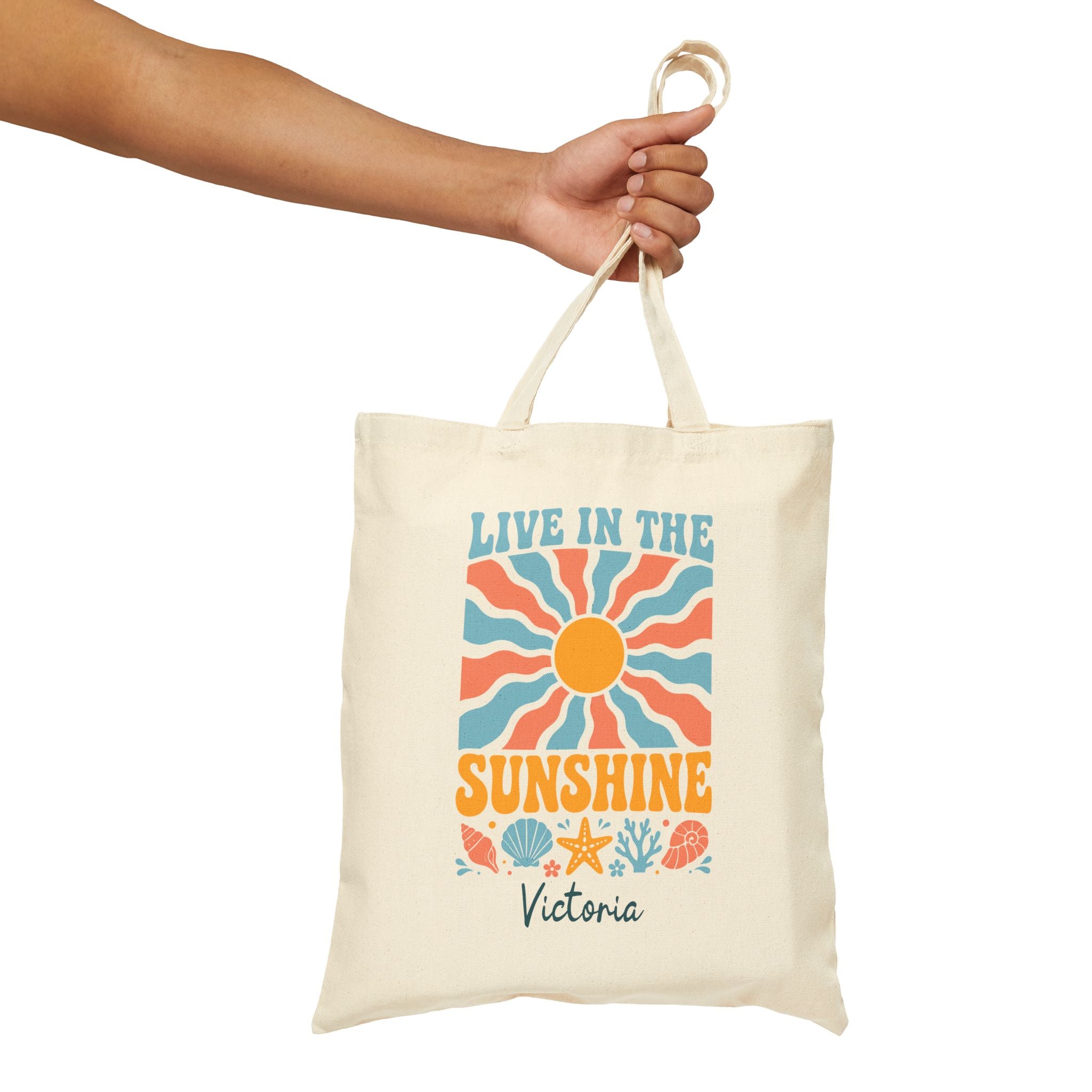 Personalized live in the sunshine canvas tote bag styled in a home setting