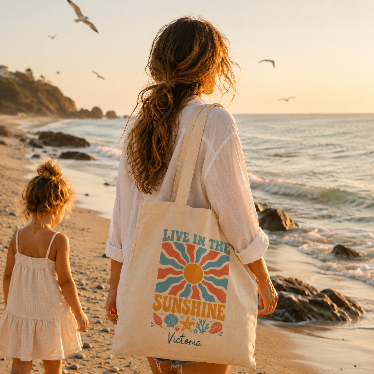 Personalized live in the sunshine tote bag shown worn on shoulder, lifestyle photo