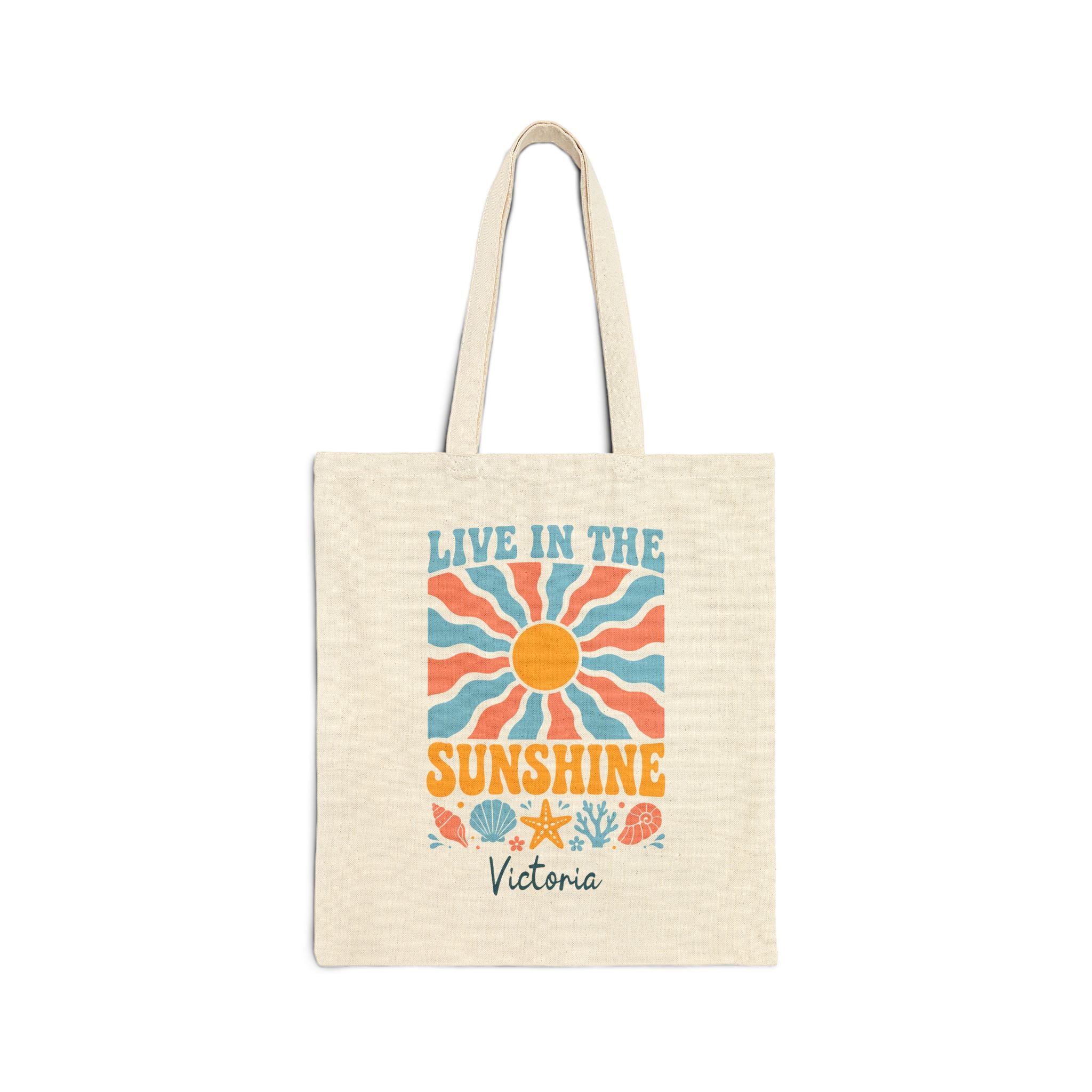 Personalized sunshine canvas tote bag with custom name, live in the sunshine design