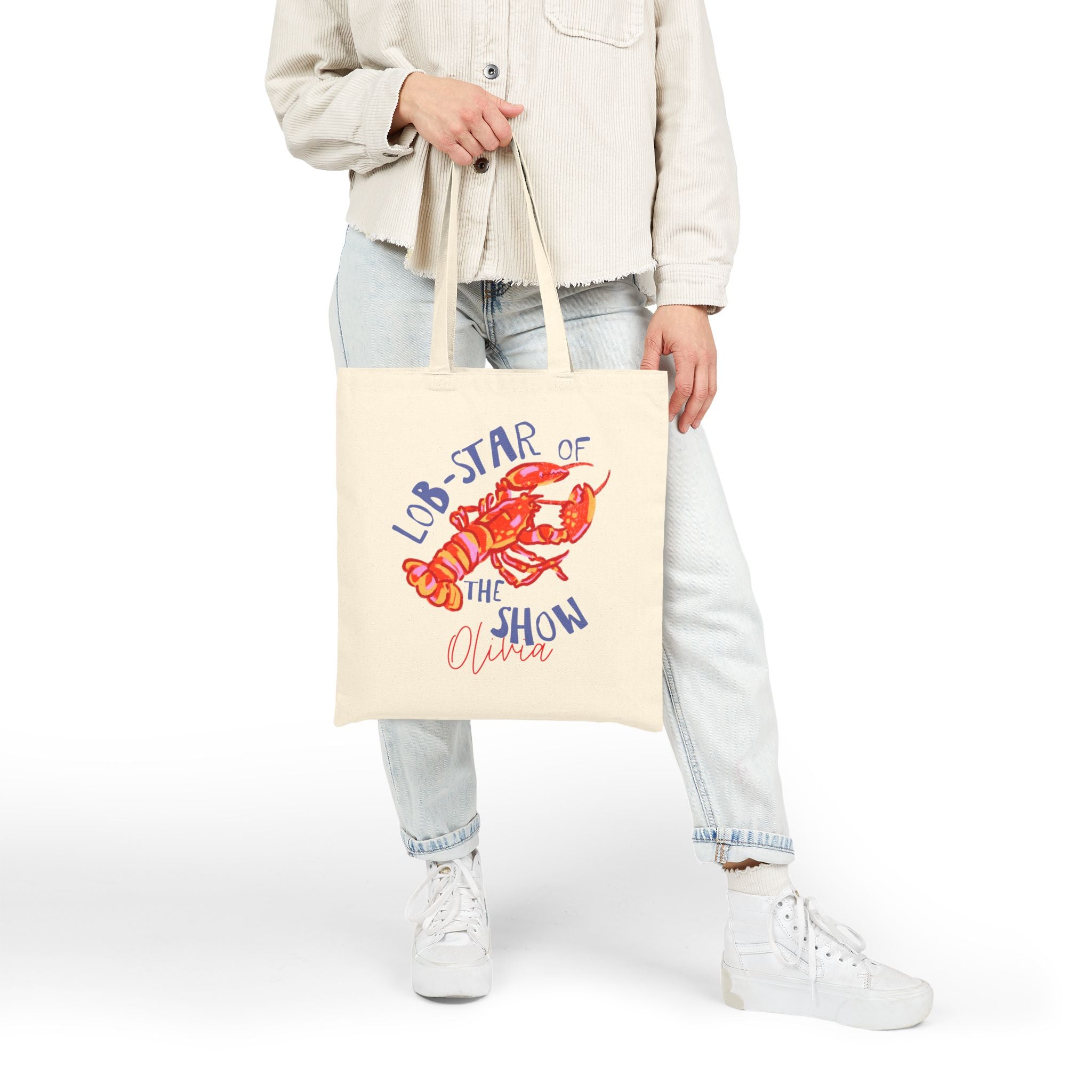 Personalized lobster canvas tote bag styled in a home setting