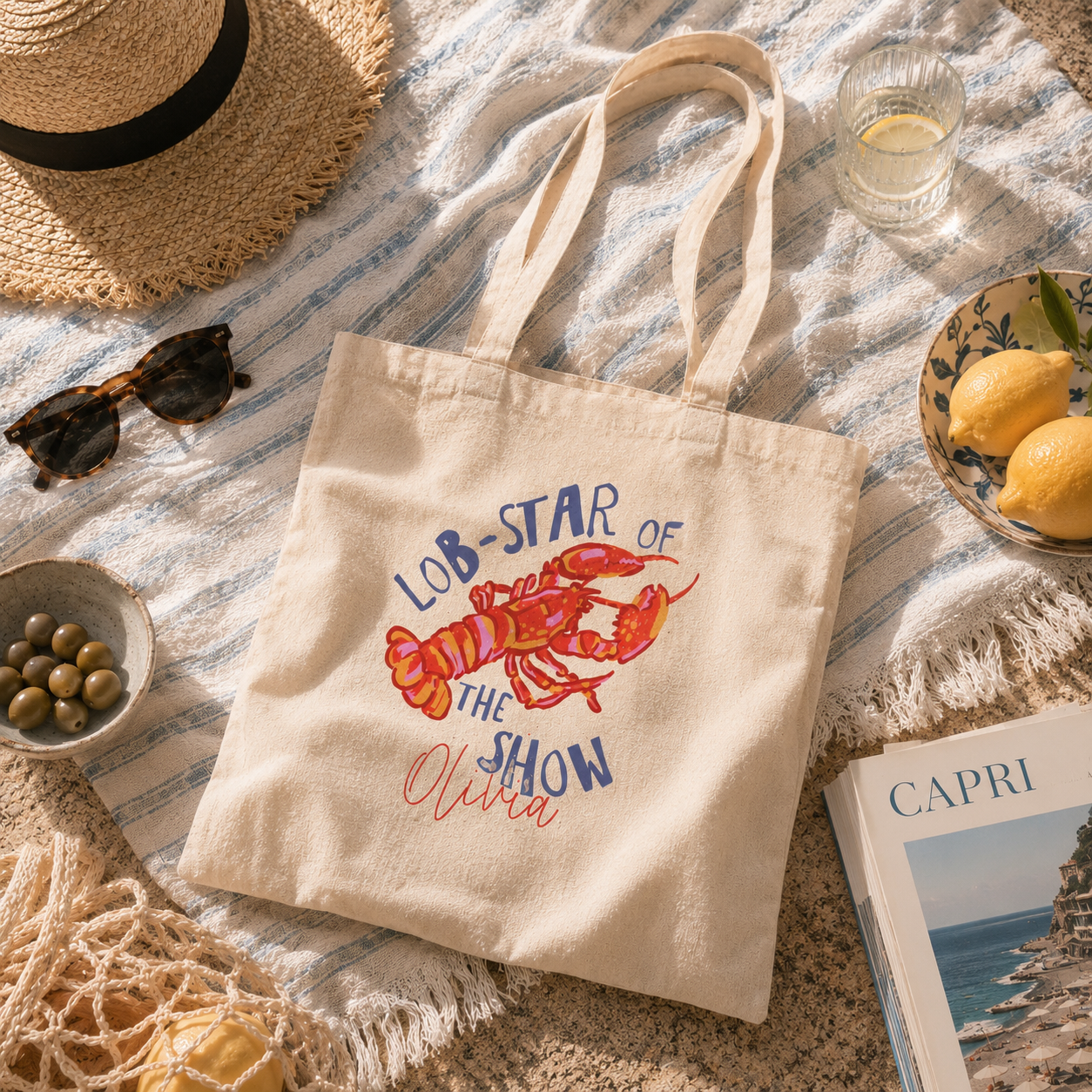 Personalized lobster tote bag shown worn on shoulder, lifestyle photo
