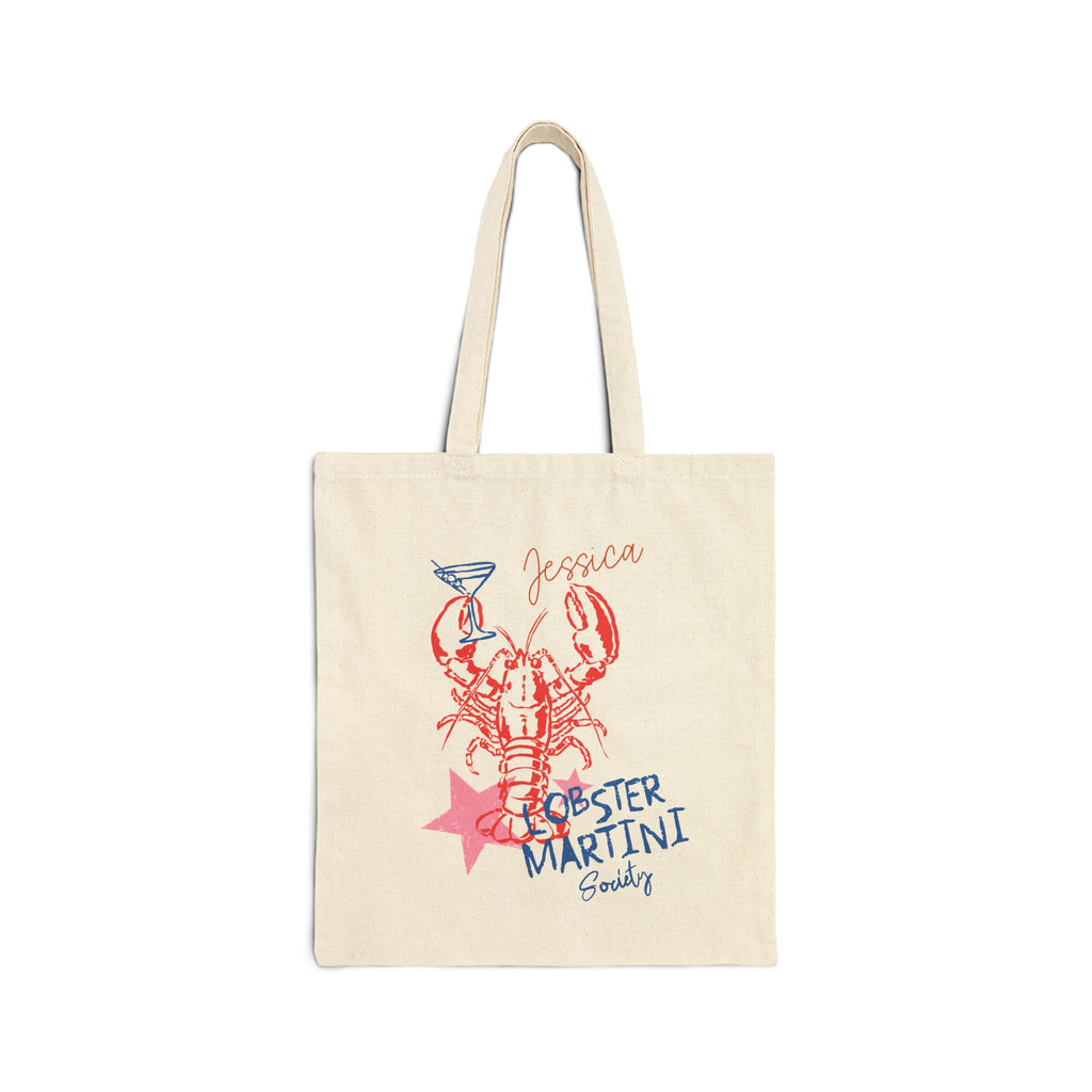 Personalized lobster canvas tote bag with custom name, lobster martini society design