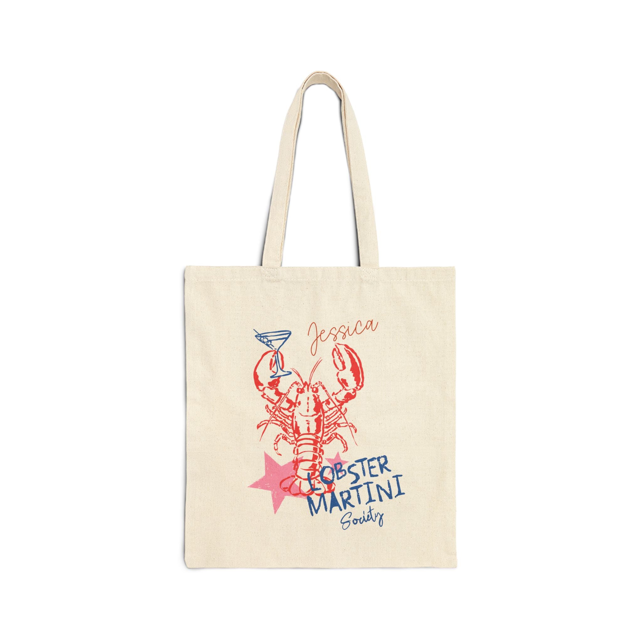 Personalized lobster canvas tote bag with custom name, lobster martini society design