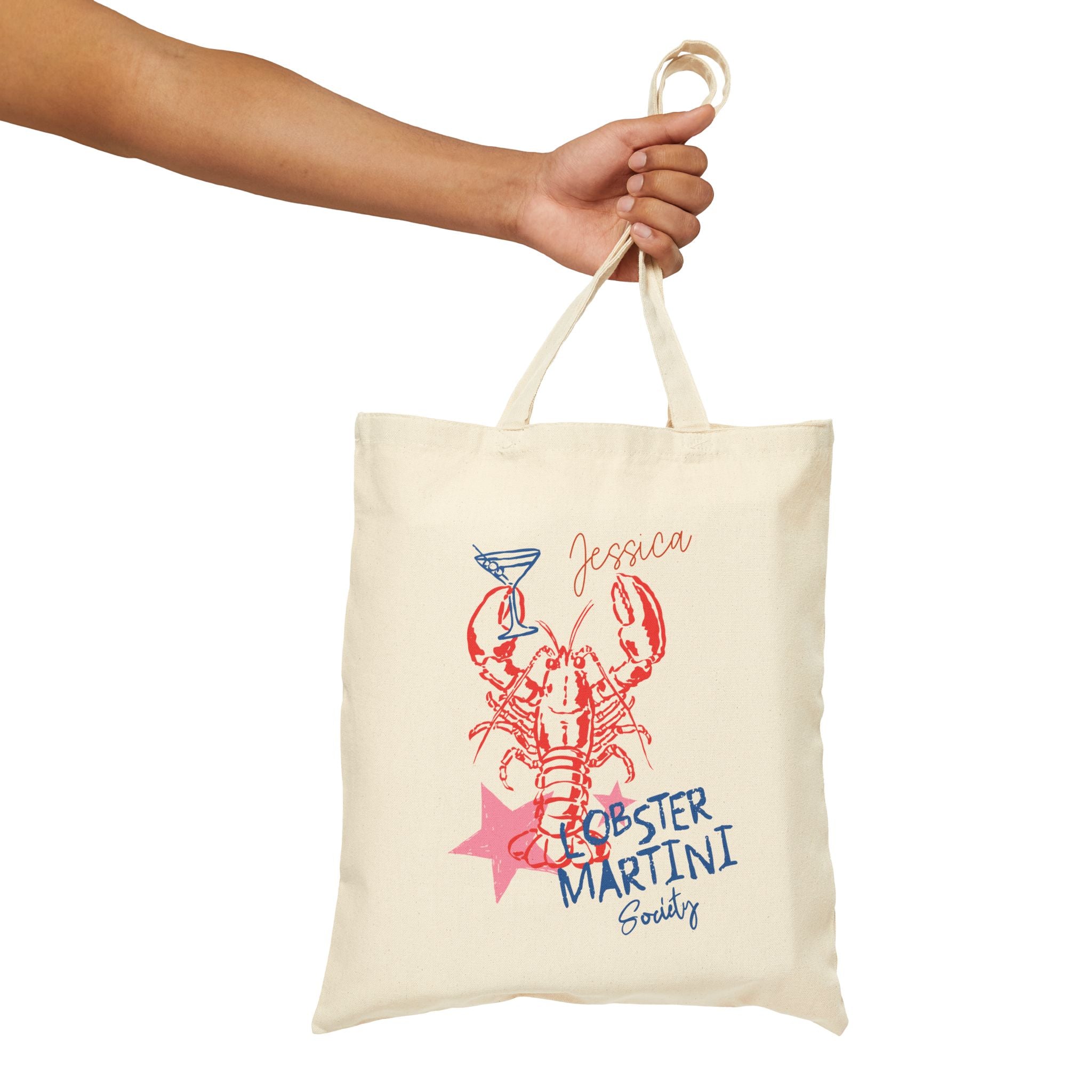 Personalized lobster martini society canvas tote bag size and dimensions reference