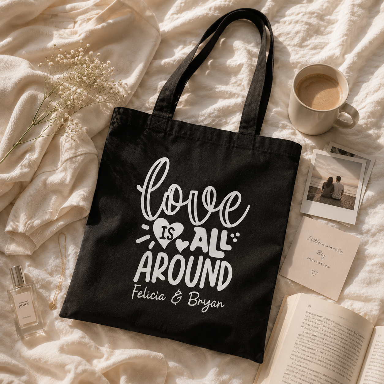 Personalized couple tote bag shown worn on shoulder, lifestyle photo