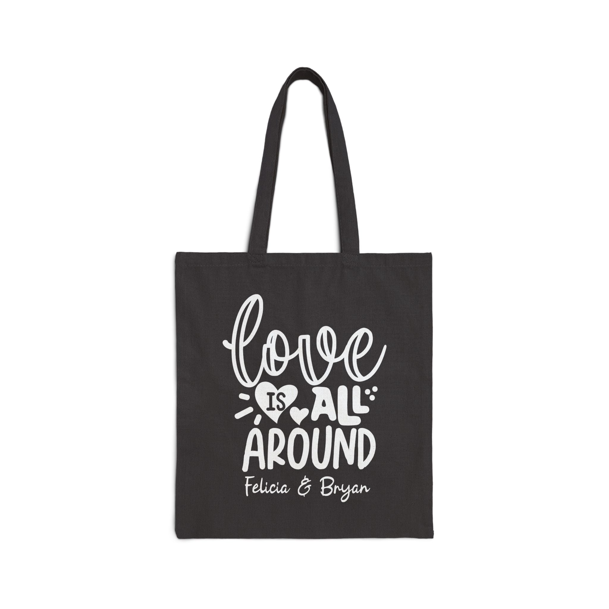 Personalized couple canvas tote bag with custom names, love is all around design