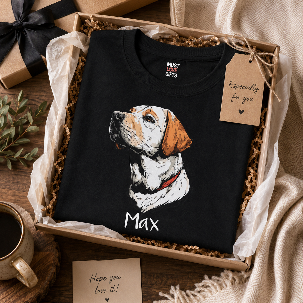 Black dog lover tee with Labrador portrait – flat lay lifestyle shot