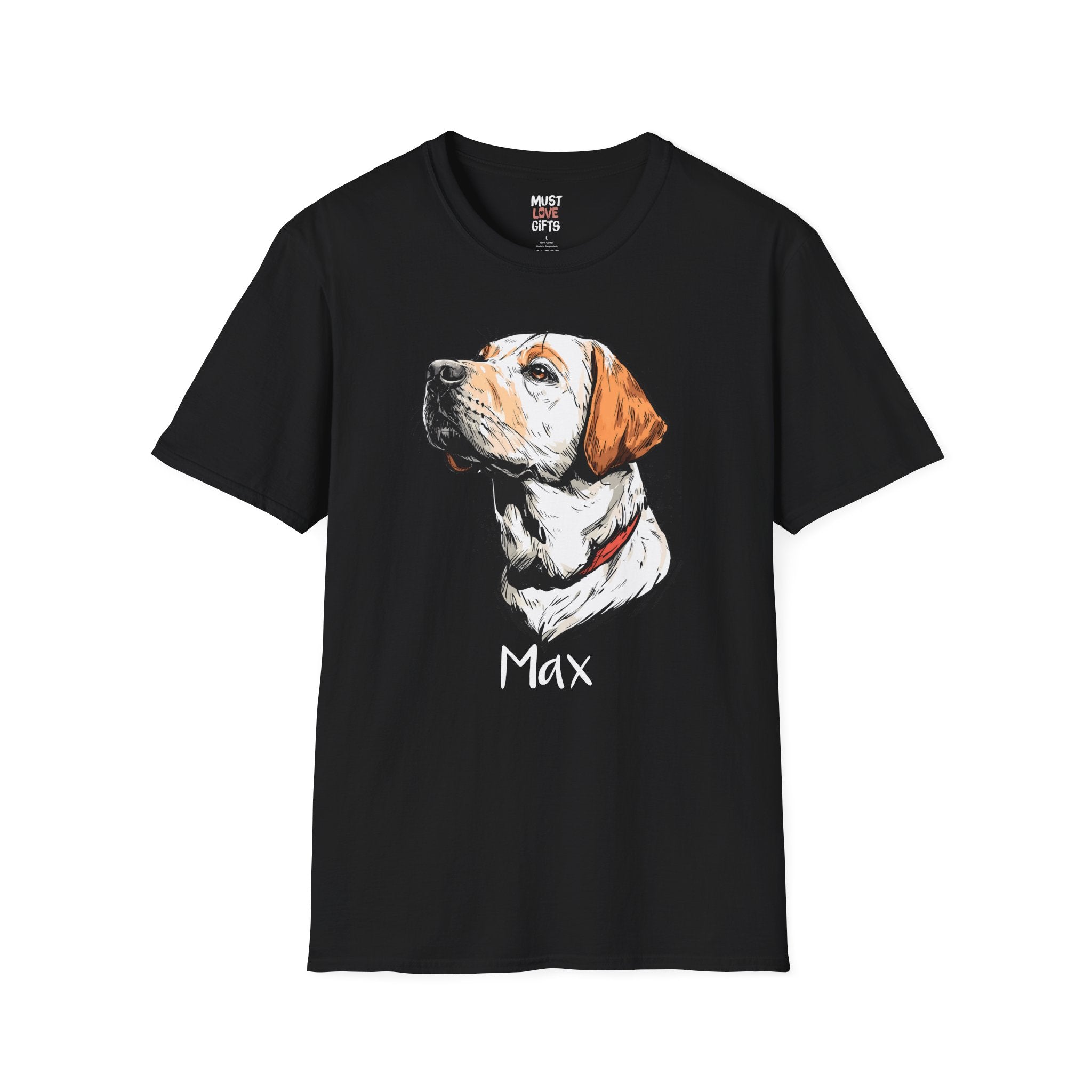 Personalized Loyal Lab dog portrait t-shirt – black crewneck with Labrador looking up