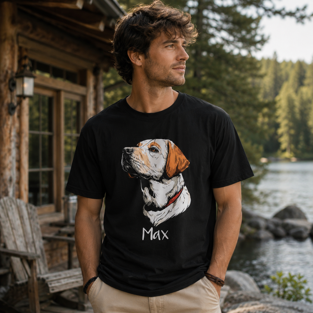 Lab portrait tee close-up – detailed Labrador illustration with name Max