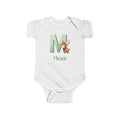 Personalized M baby bodysuit with moose – white cotton onesie with custom name