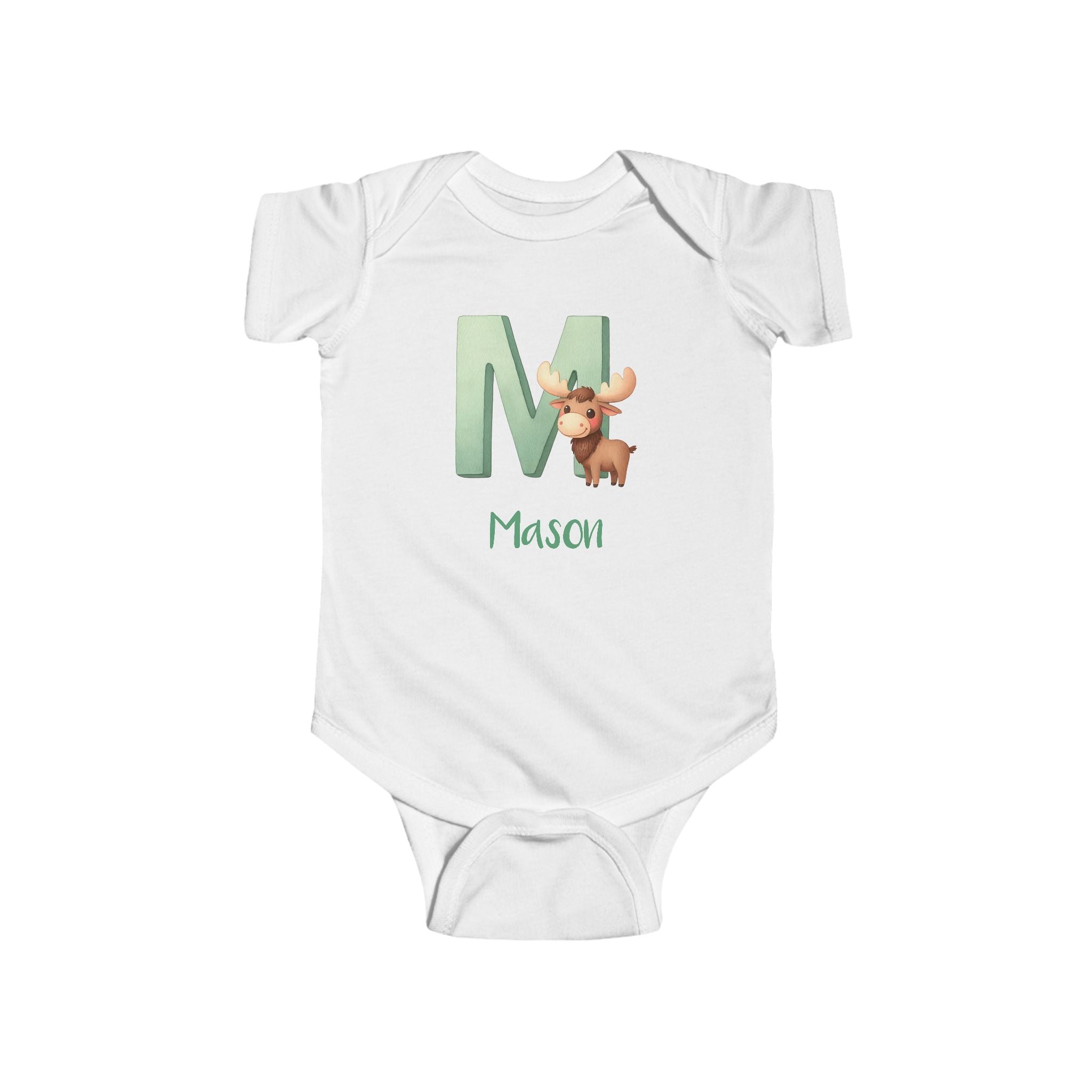 Personalized M baby bodysuit with moose – white cotton onesie with custom name