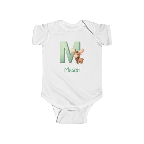 Personalized M baby bodysuit with moose – white cotton onesie with custom name