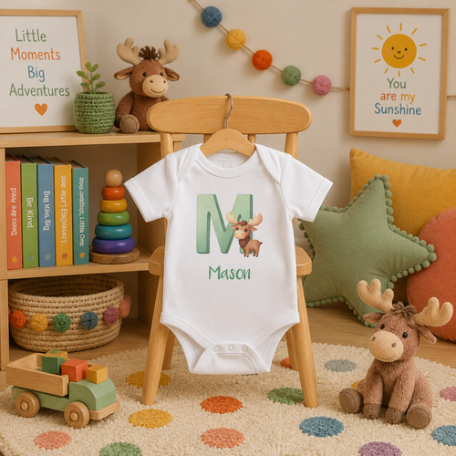 Initial M bodysuit with moose and name in script – flat lay