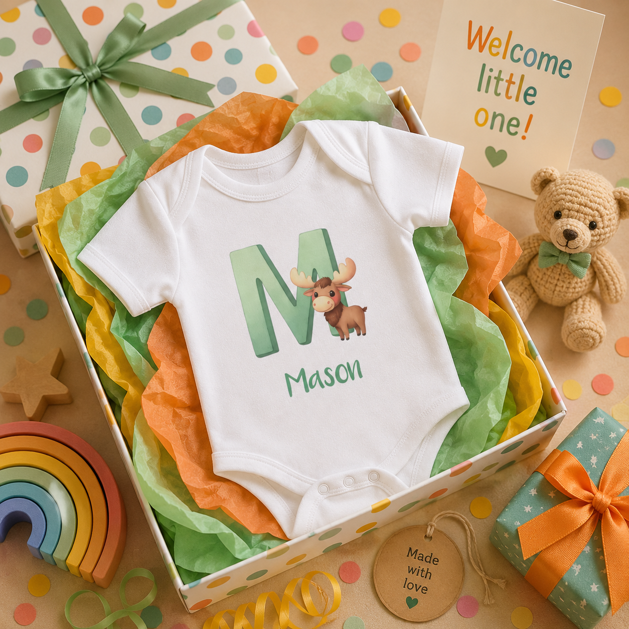 Close-up of M initial and moose on baby bodysuit