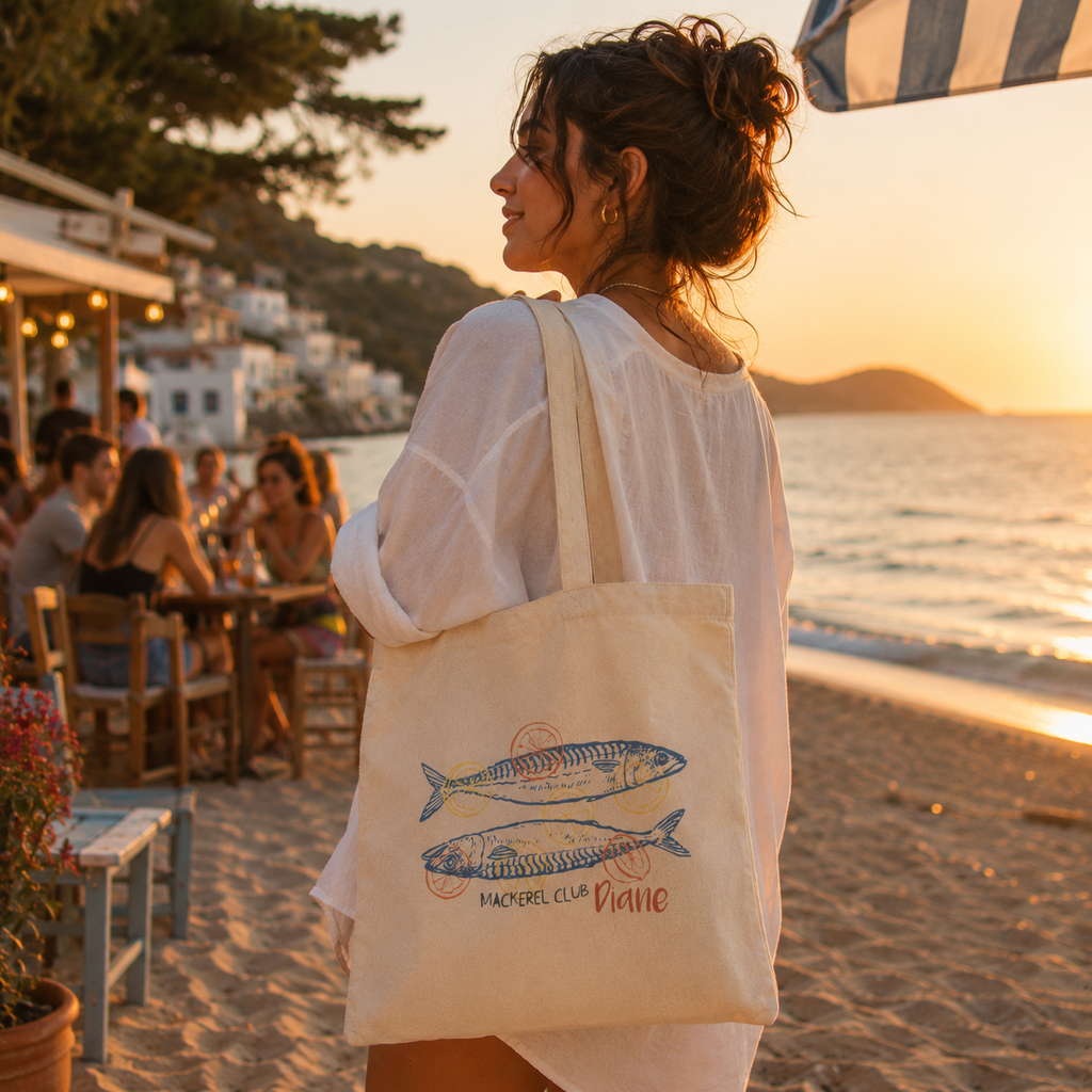 Personalized mackerel club tote bag shown worn on shoulder, lifestyle photo