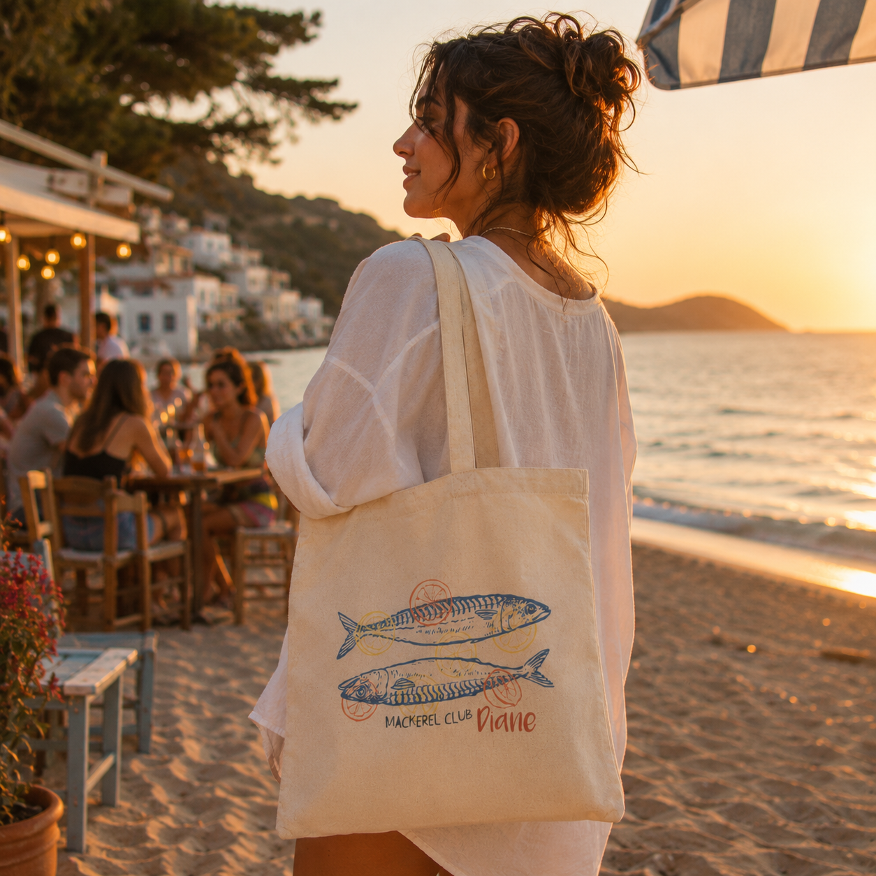 Personalized mackerel club tote bag shown worn on shoulder, lifestyle photo