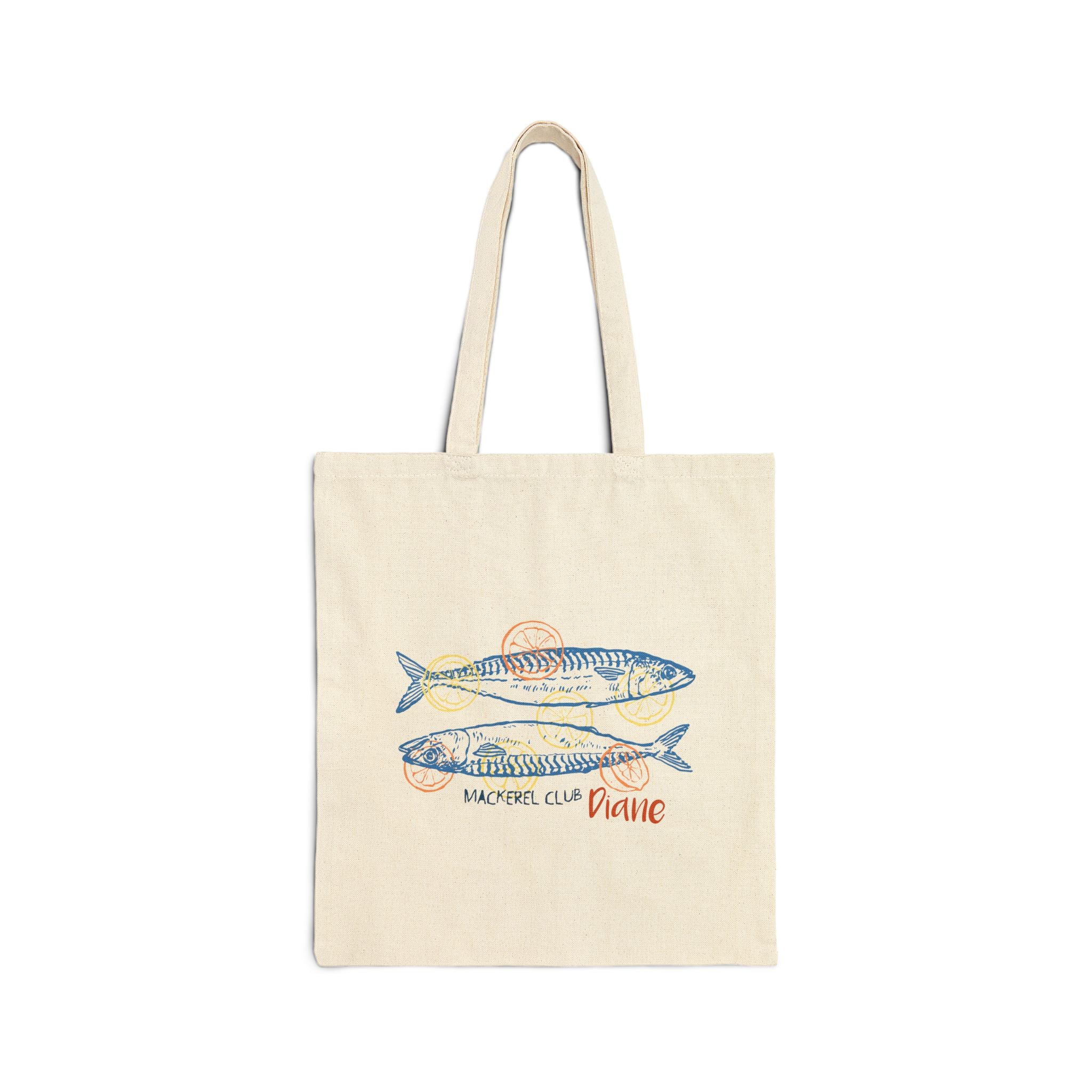 Personalized mackerel canvas tote bag with custom name, mackerel club design